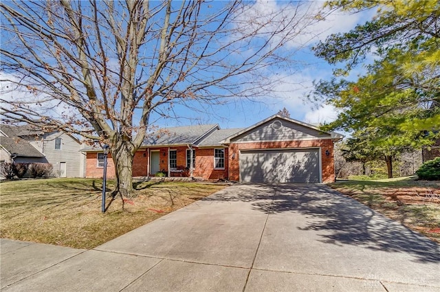 single story home with brick siding, an attached garage, concrete driveway, and a front yard