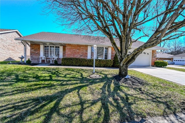 ranch-style home featuring a front lawn, driveway, covered porch, an attached garage, and brick siding