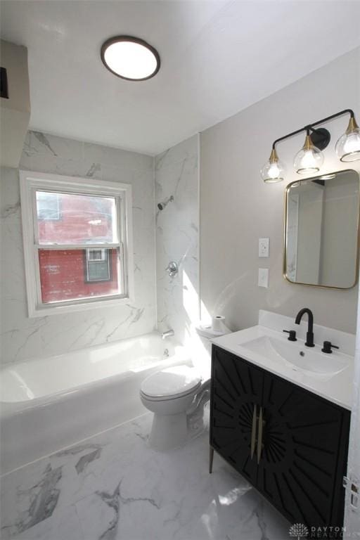 full bath featuring marble finish floor, vanity, toilet, and shower / bath combination