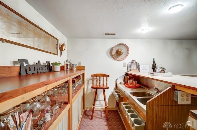 bar featuring visible vents, a bar, dark floors, and a sink