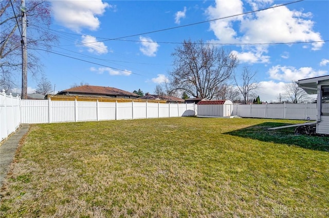 view of yard with a storage unit, an outbuilding, and a fenced backyard