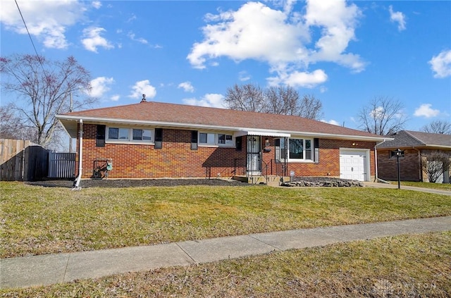 single story home with a front lawn, fence, concrete driveway, a garage, and brick siding