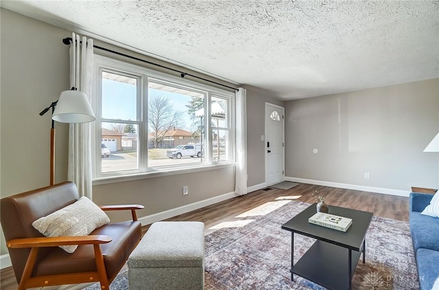 living area featuring wood finished floors, baseboards, and a textured ceiling