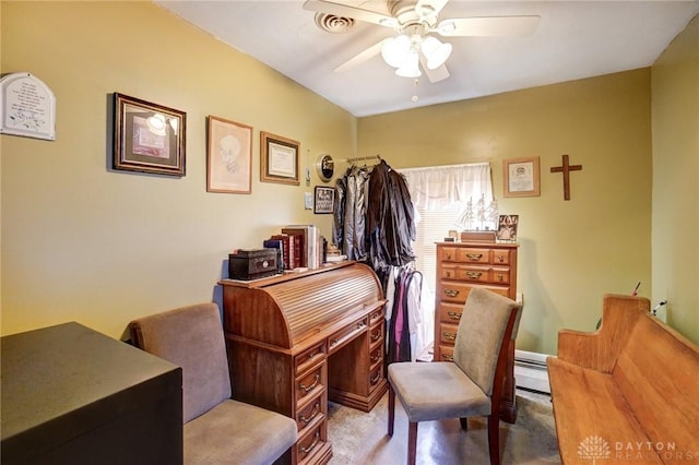 interior space with visible vents, carpet, and a ceiling fan