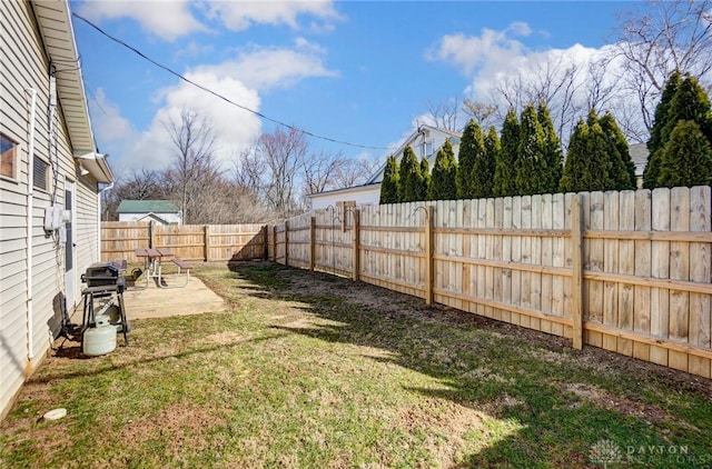 view of yard featuring a patio and a fenced backyard