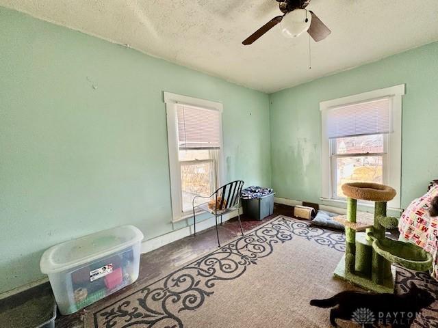 interior space with plenty of natural light, a textured ceiling, and a ceiling fan