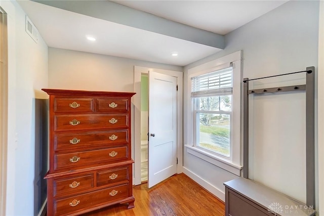 unfurnished bedroom featuring recessed lighting, baseboards, visible vents, and light wood finished floors