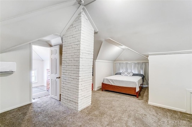 unfurnished bedroom with vaulted ceiling, a wall unit AC, and carpet