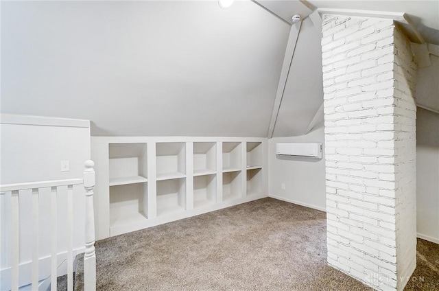 bonus room with carpet floors, lofted ceiling, an AC wall unit, and built in shelves