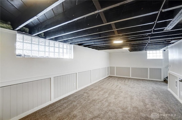 basement with a wainscoted wall and carpet