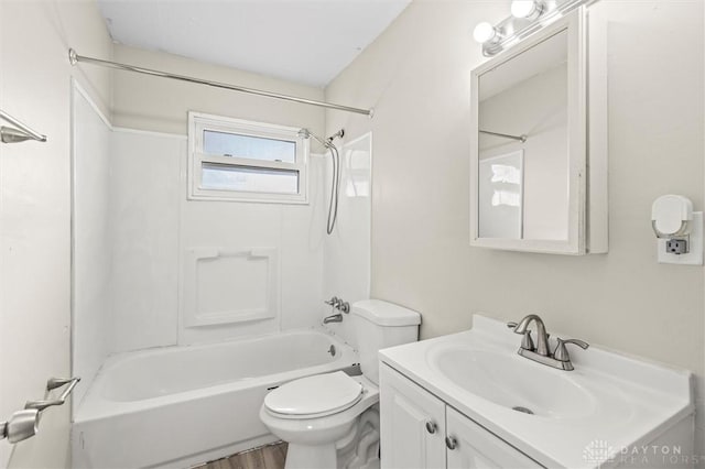 full bathroom with vanity, toilet, shower / tub combination, and wood finished floors