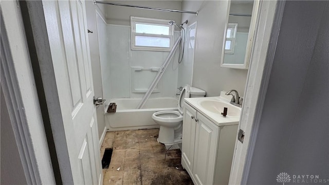 bathroom featuring vanity, toilet, and bathtub / shower combination