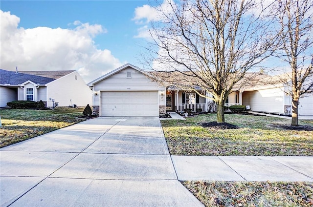 ranch-style home with driveway, a front lawn, a porch, an attached garage, and brick siding