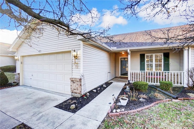 single story home with a porch, an attached garage, concrete driveway, and roof with shingles