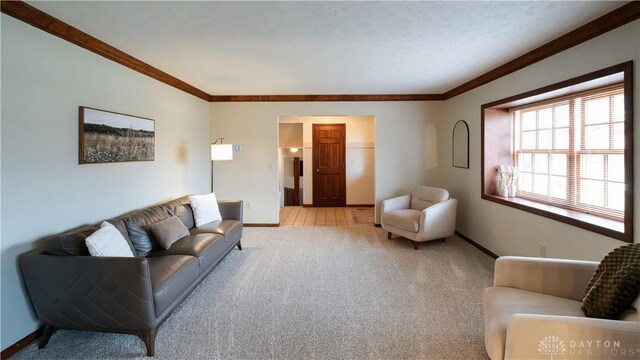 living area with baseboards, light carpet, a textured ceiling, and crown molding