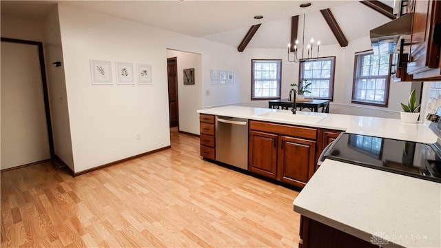 kitchen featuring a peninsula, a sink, light countertops, dishwasher, and light wood-type flooring