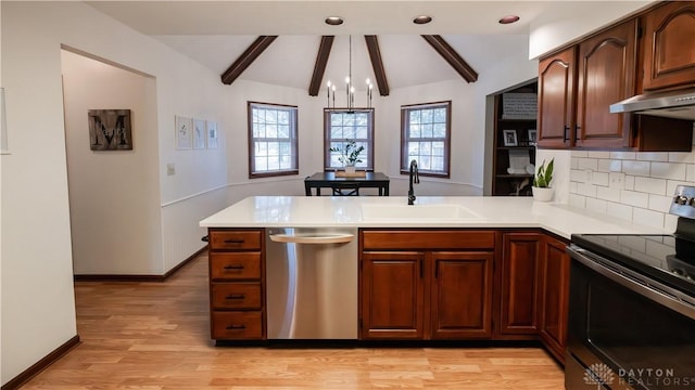 kitchen with a peninsula, a sink, light countertops, appliances with stainless steel finishes, and tasteful backsplash