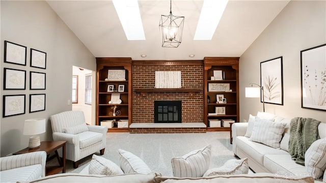 carpeted living area with lofted ceiling with skylight and a brick fireplace