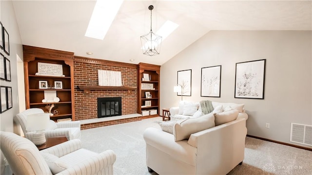 living room featuring visible vents, carpet, lofted ceiling with skylight, built in features, and a fireplace