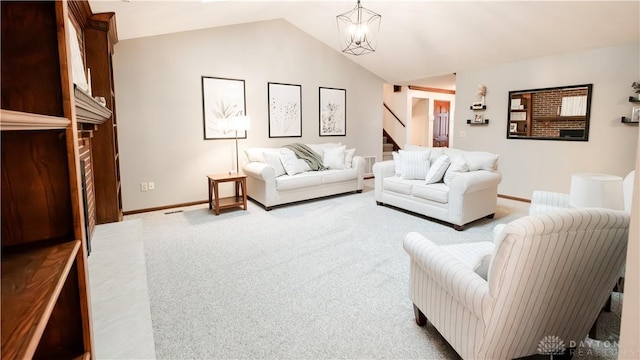 living room featuring baseboards, carpet, stairway, lofted ceiling, and a notable chandelier