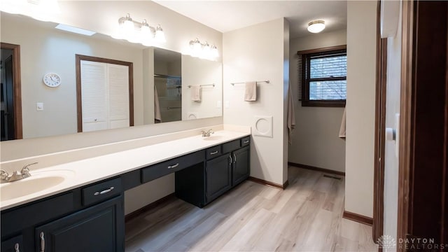 bathroom featuring double vanity, wood finished floors, baseboards, and a sink