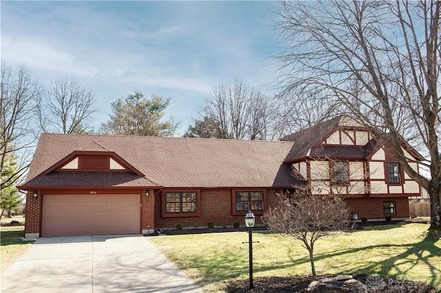 view of front of house with a garage, brick siding, concrete driveway, and a front lawn