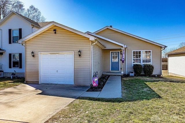 view of front facade featuring concrete driveway, a front lawn, and a garage