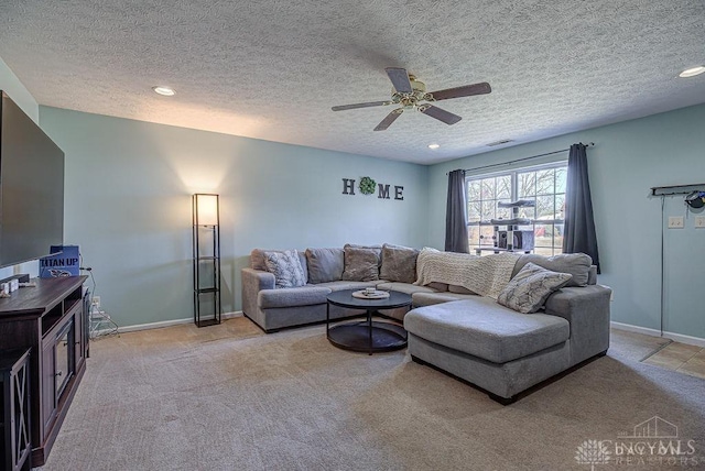 living room with recessed lighting, baseboards, light colored carpet, and a ceiling fan