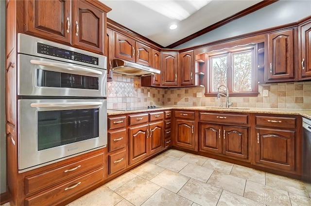 kitchen featuring under cabinet range hood, a sink, backsplash, appliances with stainless steel finishes, and vaulted ceiling