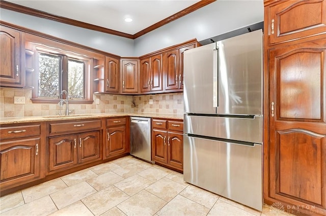 kitchen featuring decorative backsplash, brown cabinetry, appliances with stainless steel finishes, and ornamental molding