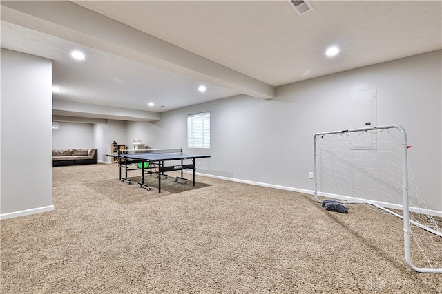 playroom with visible vents, recessed lighting, baseboards, and carpet