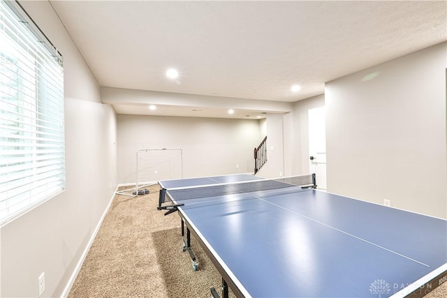 playroom featuring recessed lighting, baseboards, and carpet flooring