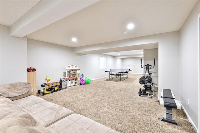 playroom featuring recessed lighting, baseboards, and carpet flooring