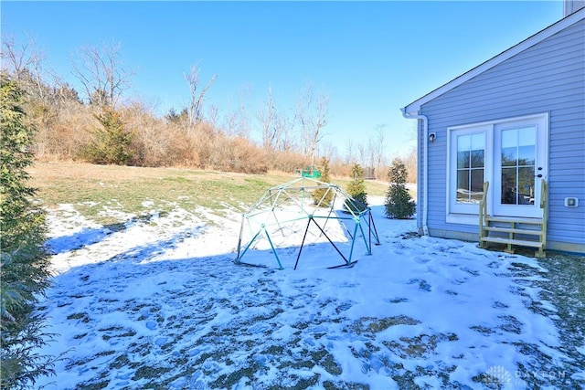 yard layered in snow with entry steps