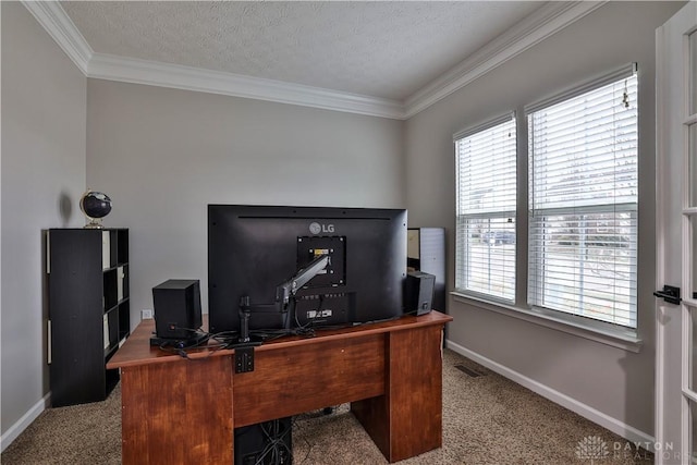 office area featuring baseboards, carpet floors, a textured ceiling, and crown molding