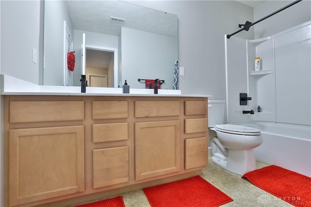 full bath featuring visible vents, toilet, double vanity, a textured ceiling, and  shower combination