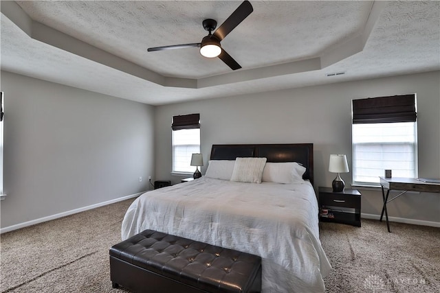 bedroom featuring multiple windows, a raised ceiling, carpet, and baseboards