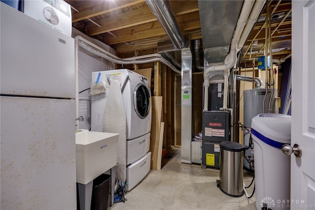 unfinished below grade area featuring heating unit, gas water heater, and a sink