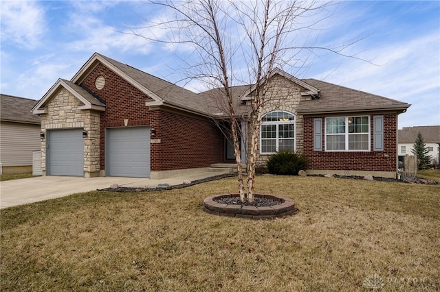 ranch-style house featuring brick siding, concrete driveway, a garage, and a front yard