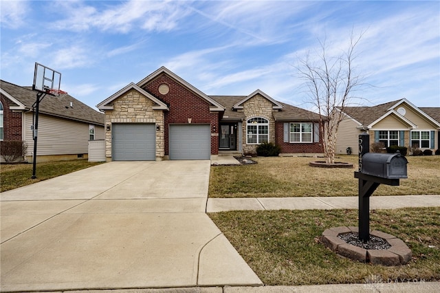 view of front of home with brick siding, a front yard, a garage, stone siding, and driveway