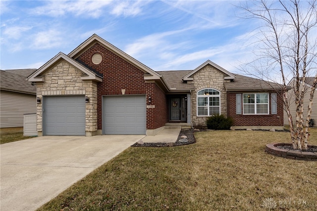 ranch-style house with a front yard, roof with shingles, an attached garage, concrete driveway, and brick siding