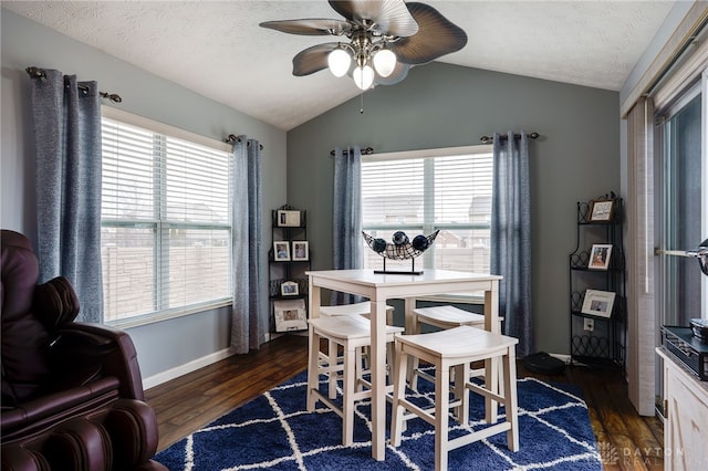 dining room featuring a healthy amount of sunlight, a textured ceiling, wood finished floors, and vaulted ceiling