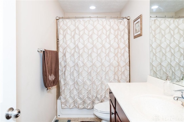 bathroom featuring toilet, vanity, recessed lighting, shower / bath combination with curtain, and a textured ceiling