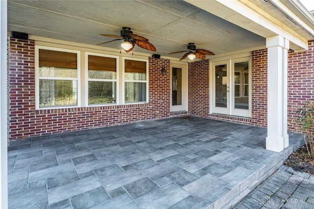 view of patio / terrace featuring visible vents, french doors, and ceiling fan