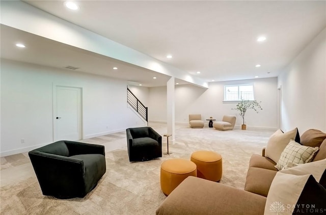 living area featuring light colored carpet, stairway, recessed lighting, and baseboards