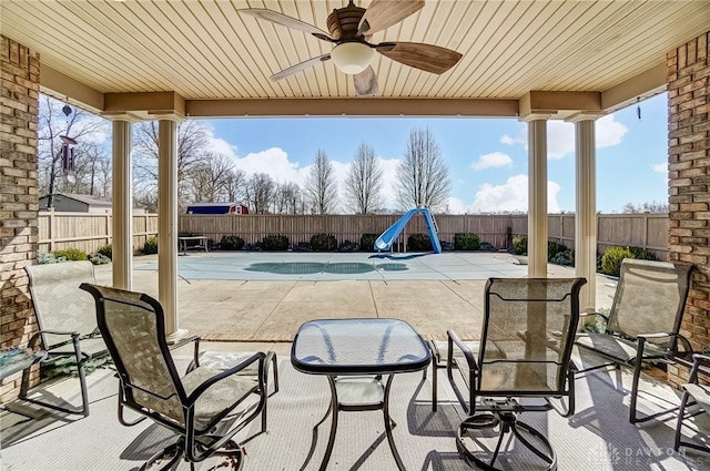 view of patio / terrace with ceiling fan, a fenced backyard, and a fenced in pool