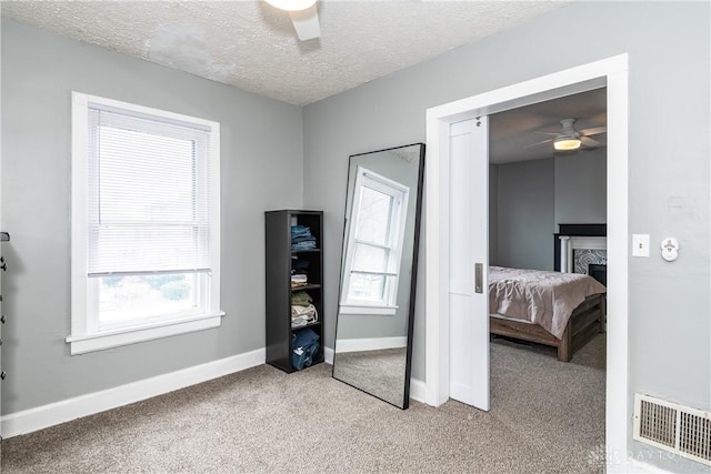 carpeted bedroom with visible vents, multiple windows, a textured ceiling, and baseboards