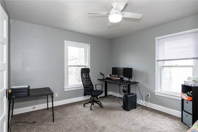 office featuring a ceiling fan, baseboards, and carpet floors