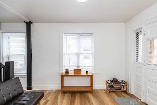 entrance foyer featuring a wealth of natural light, baseboards, and light wood finished floors