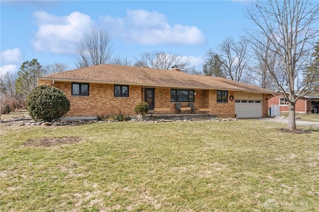 single story home with driveway, a front yard, a garage, brick siding, and a chimney